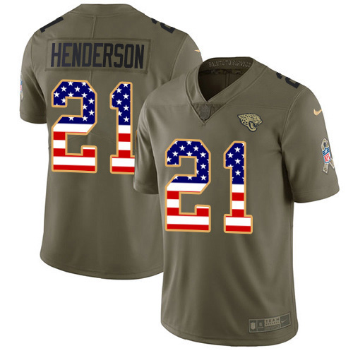 Jacksonville Jaguars #21 C.J. Henderson Olive USA Flag Youth Stitched NFL Limited 2017 Salute To Service Jersey